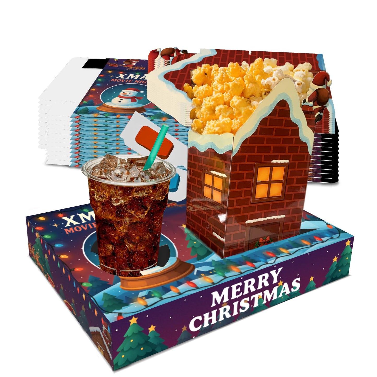 LSTAMOY Movie Night Supplies(24pcs)-Neon Style Movie Night Snack Trays*12+Popcorn Buckets*12,Kid's Birthday Party,Game Night,Movie Night Snack Trays with Popcorn Bags. (X-mas)