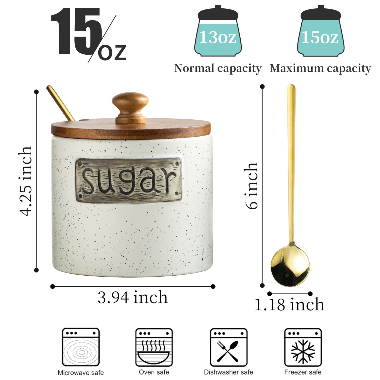 LYEOBOH Sugar Container, Ceramic Sugar Bowl with Lid and Spoon,15 OZ Sugar Holder for Coffee Bar Accessories, Sugar Jar for Countertop, Azucarera Farmhouse Home and Kitchen, White