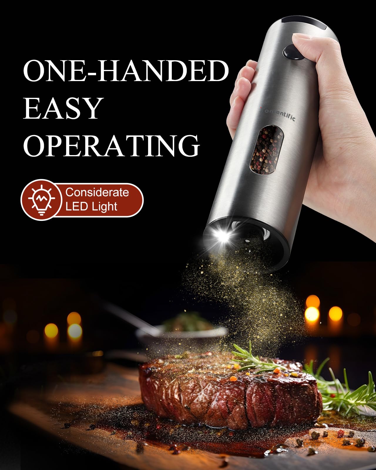 Electric Salt and Pepper Grinder Set with Rechargeable Base - Upgraded Large Capacity, Refillable Pepper Mill Set with LED Light & Adjustable Coarseness, Ideal for Kitchen, Outdoor (Polished Silver)