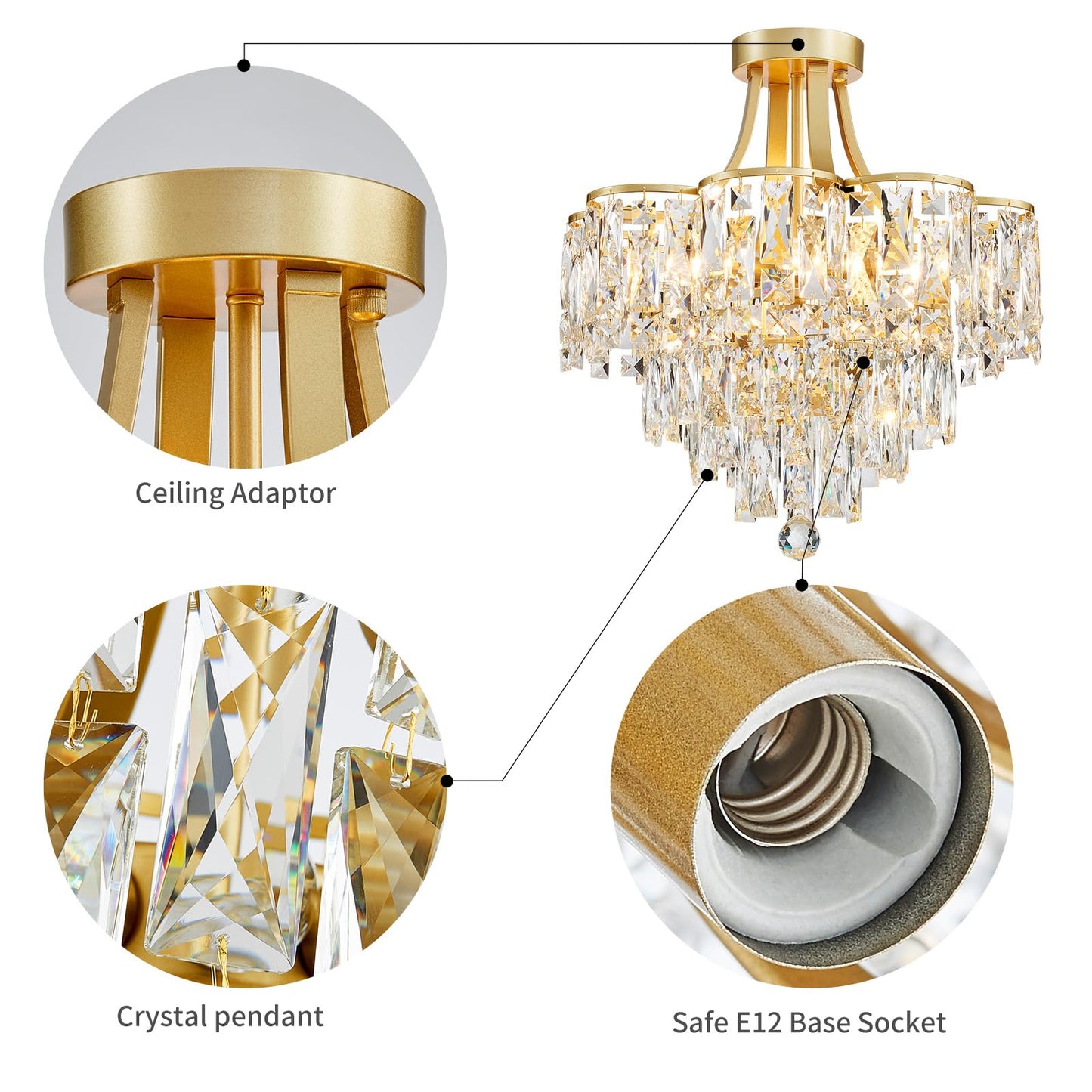 WUZUPS Crystal Chandelier Semi-Flushmount Ceiling Light Modern Lighting Fixture for Bedroom Hallway Entry Kitchen Bathroom, H 19.3" x W 18.3", E12 Base, Gold