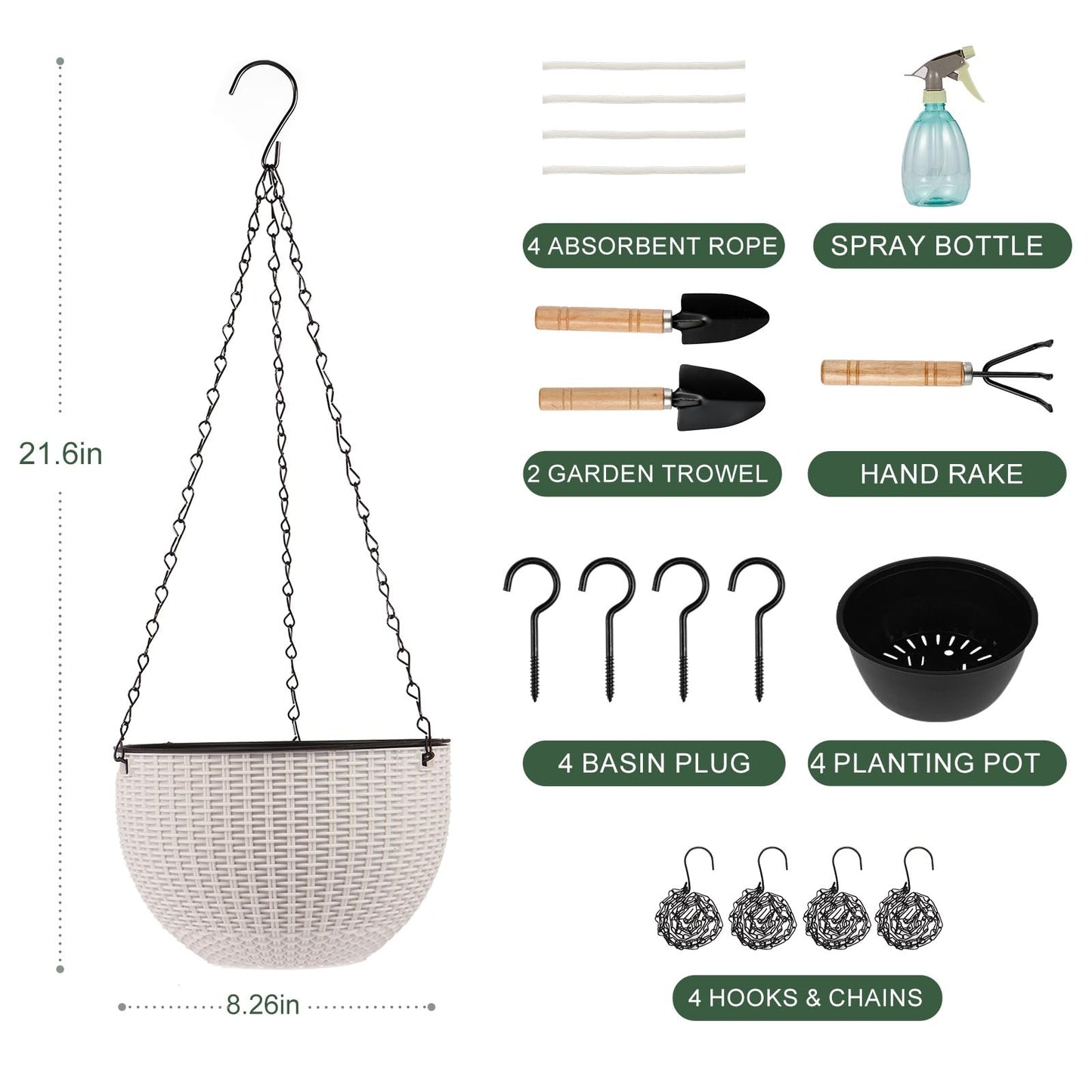 4 Sets of 8.2 Inch Self Watering Hanging Planter Flower Pots, Suitable for Indoor and Outdoor Plant Flower, Basket Flower Pots with Hanging Chains, Spray Bottles, Planting Tools, Hook (White)