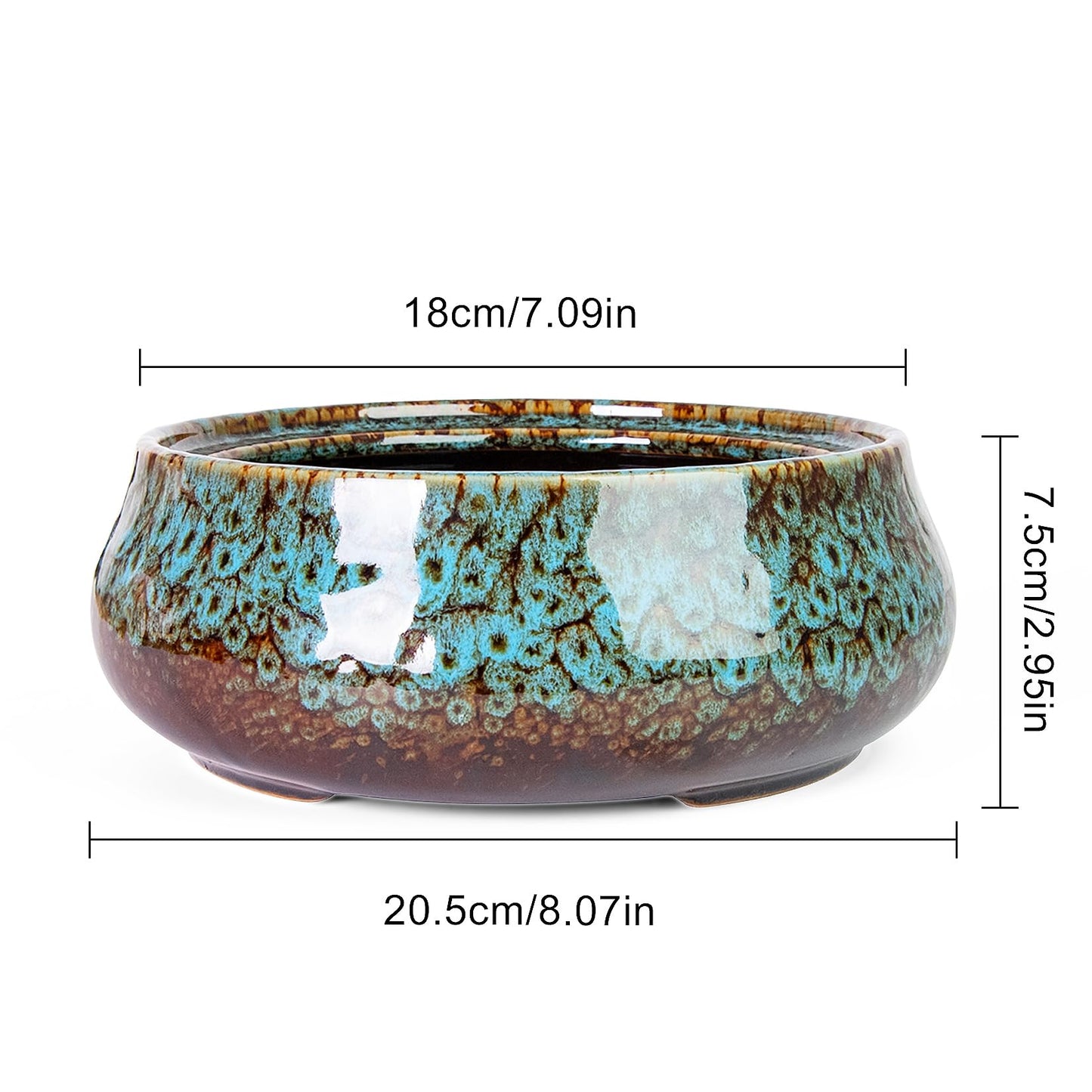 ARTKETTY Succulent Pots - 8 Inch Plant Pot, Large Bonsai Pots with Drainage, Ceramic Planters for Indoor Outdoor Plants, Round Shallow Cactus Flower Plant Container Bowl Decorative Home Garden