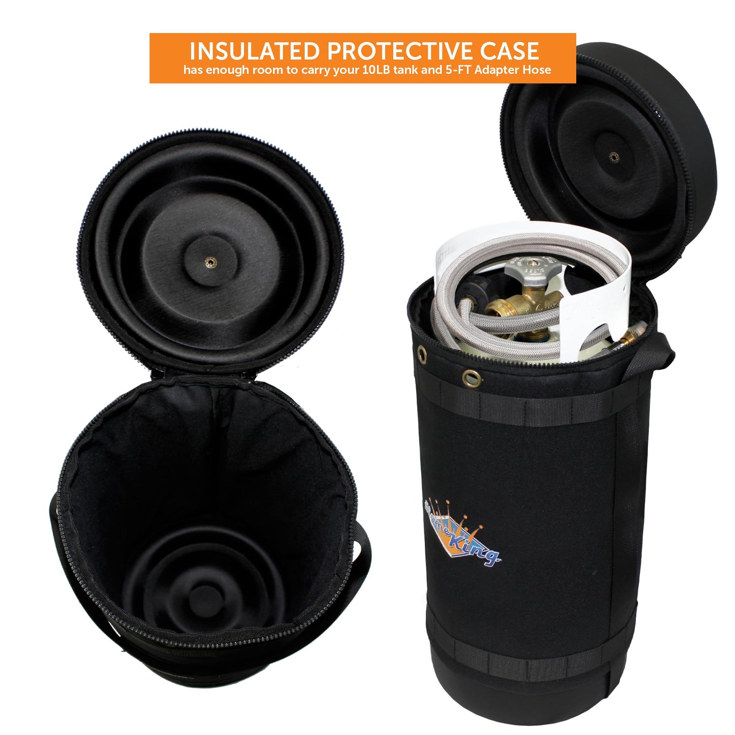 Flame King Gas Hauler Pro Kit - Insulated Protective Carry Case, 10LB Propane Tank and 5-FT Adapter Hose for Camping and Outdoor Adventures