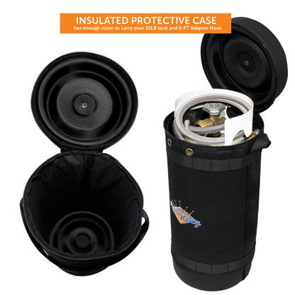 Flame King Gas Hauler Pro Kit - Insulated Protective Carry Case, 10LB Propane Tank and 5-FT Adapter Hose for Camping and Outdoor Adventures