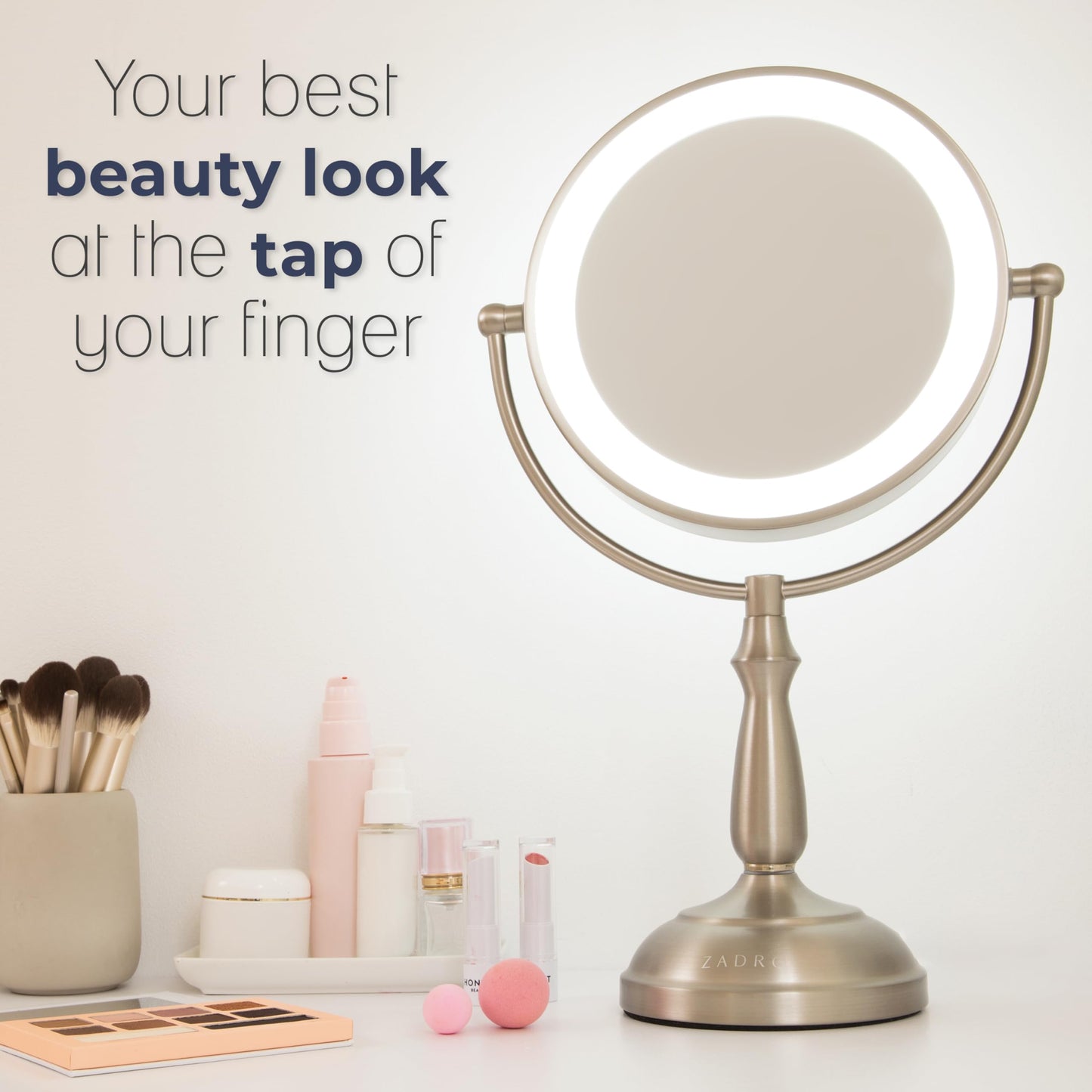 Zadro Makeup Mirror with Lights and Magnification Dimmable Touch LED Lighted Makeup Mirror with Magnification 5X/1X, 17.5" H x 11" W (Polished Nickel)
