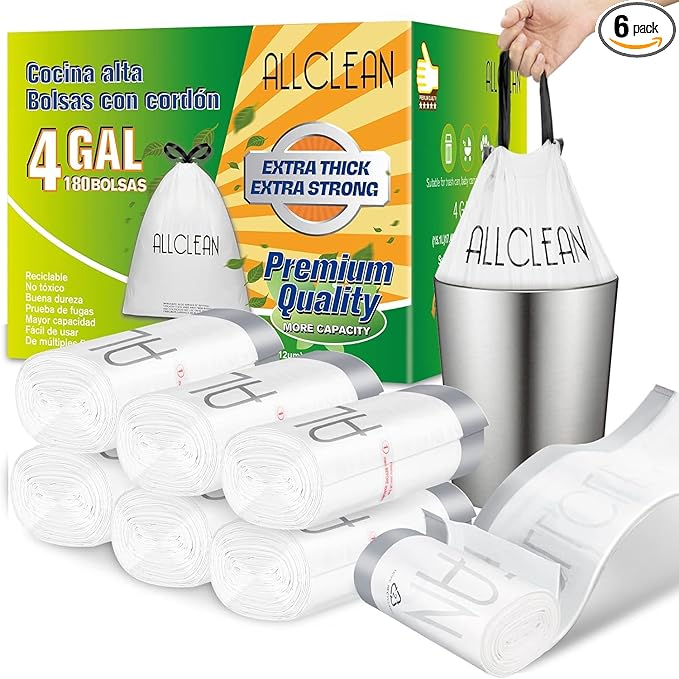 ALLCLEAN 4 Gallon Small Trash Bags, 180 Bags Unscented Small Garbage Bags