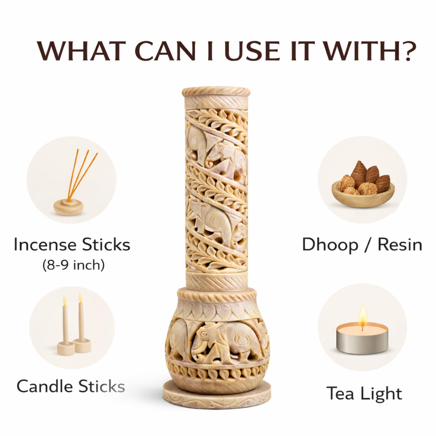 Carry Me Hand Carved Soapstone Incense Stick Holder | Candle Burner | Tea Light Stand. Elephant Jaali Carving Bottle Shape. Decorative Home and Kitchen Decor - (3x3x10.5 Inches)