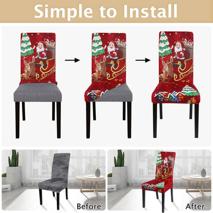 SearchI Christmas Chair Covers Set of 4, Stretch Xmas Kitchen Chair Cover Removable Washable Holiday Parsons Chair Slipcovers for Dining Room, Christmas Decoration, Ceremony(Santa Claus+Elk)