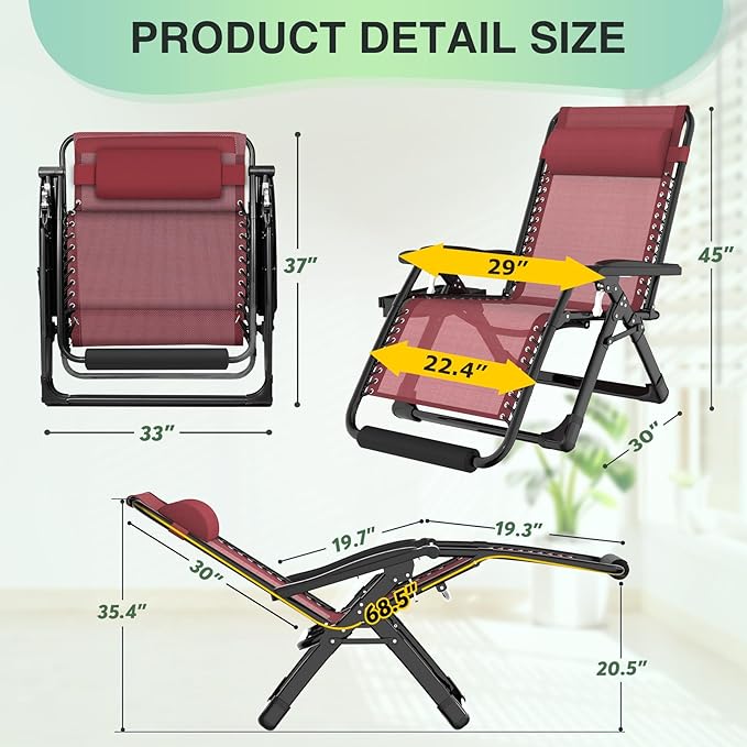 Suteck Oversized Zero Gravity Chair, 29In XL Outdoor Recliner Chair w/Removable Cushion&Headrest, Camping Lounge Chair w/Upgraded Lock&Footrest, Reclining Patio Chairs for Indoor Outdoor,500LBS