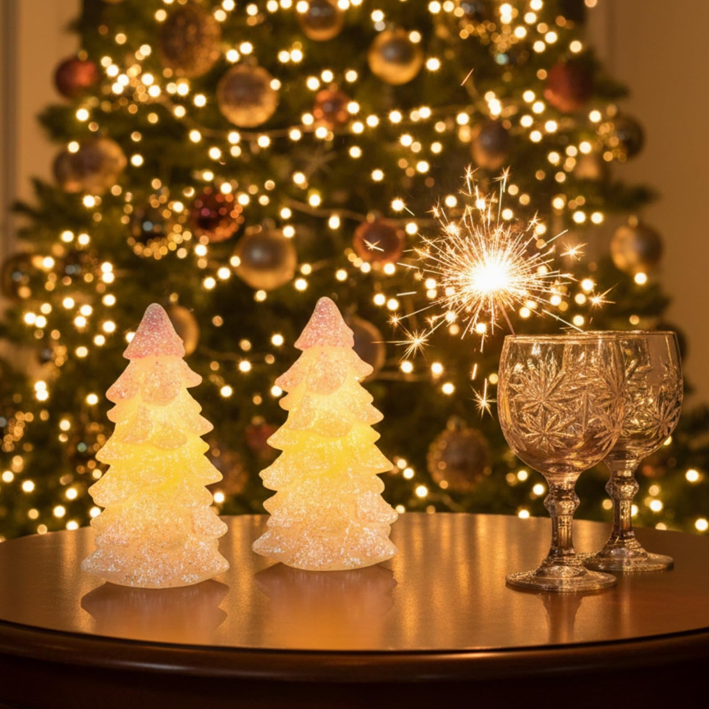 Glooglitter 2 Pcs 5.5" White Christmas Tree Flameless Candles Glittering Real Wax Flickering Battery Operated LED Handmade Carved Candles for Xmas Party Decoration Gifts