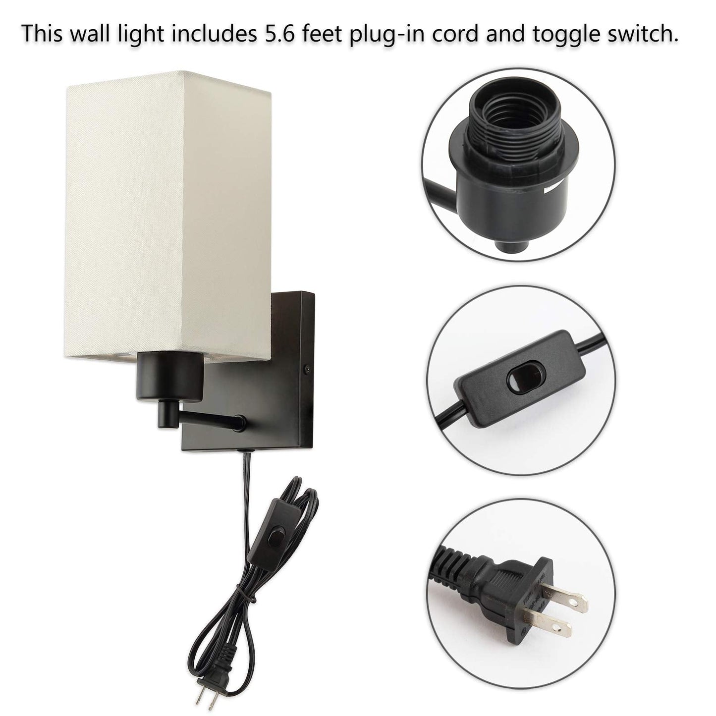 KOONTING® Plug in Wall Sconce Set of 2, Rustic Wall Lamp with Plug-in Cord and On/Off Toggle Switch, Beige Fabric Shade Wall Light Fixture for Headboard Bedroom Living Room Hallway