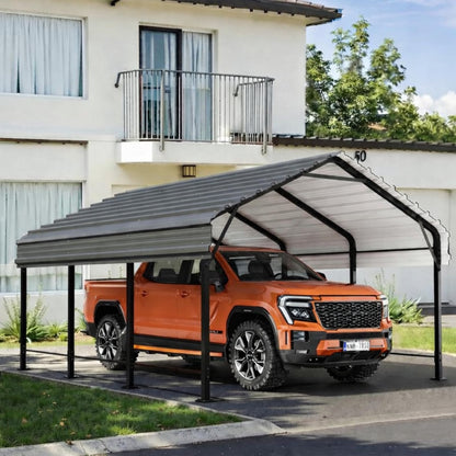 12x15 FT Heavy Duty Metal Carport, All-Weather Outdoor Vehicle Shelter with Steel Roof & Reinforced Frame, Permanent Car Canopy for Trucks, SUVs, Boats & Garden Storage, Gray