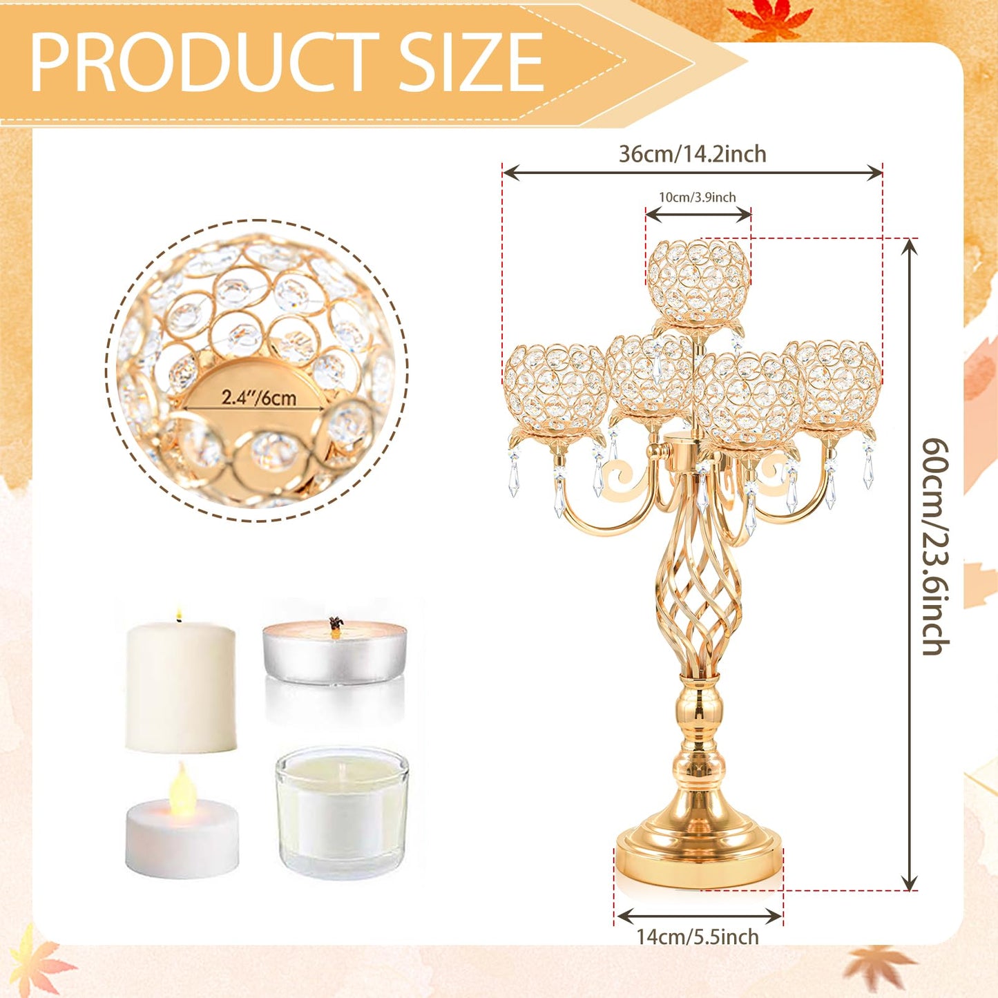 Kehail 5-Arm Crystal Candelabra Centerpiece 23.2" Tall - Elegant Candle Holder Stand with Crystal Bowl, Chic Table Decor for Weddings, Parties, Anniversary & Home Decoration (2, Gold)