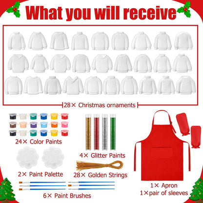 TecUnite 28 Pcs Ceramic to Paint Christmas Ornament Crafts Adults Unpainted DIY Ceramic Figurines Decorate and Paint Your Own Ornaments Kits DIY Craft Xmas Holiday Activities(Ugly Sweater)