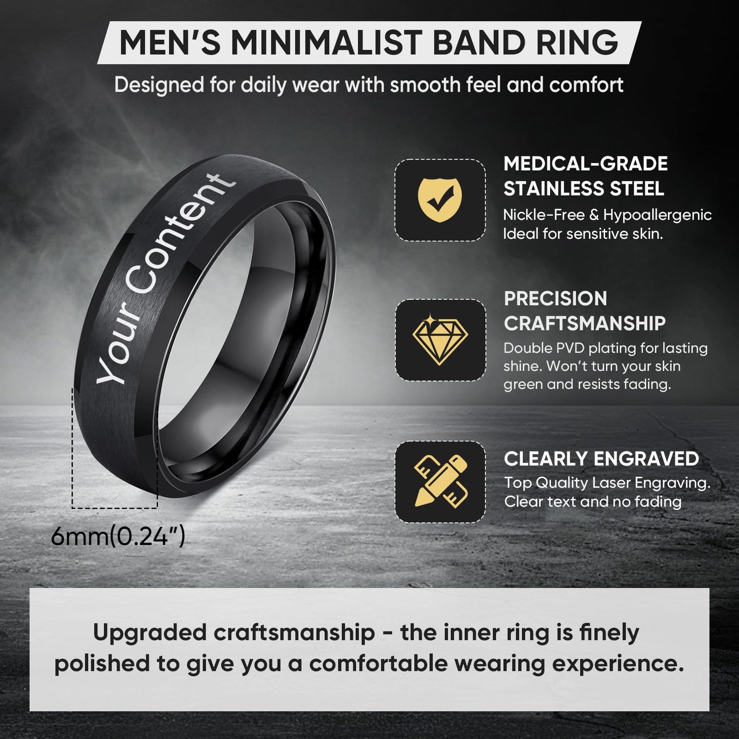 VNOX Customize Jewelry-6MM Black Stainless Steel Beveled Edge Matte Brushed Finish Rings for Men Women,Size 10