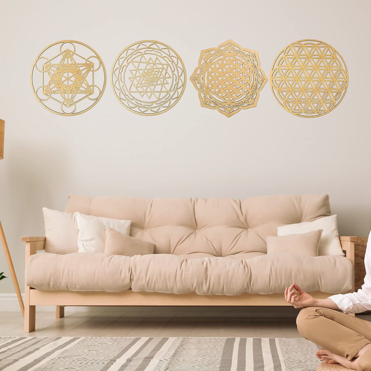 Youyole 4 Pcs 12 Inch Sacred Geometry Wood Wall Art Set Crystal Grid Board Zen Metatron Cube Sri Yantra Flower of Life Mandala Flower of Life Zen Wooden Wall Hanging Decor for Home Room