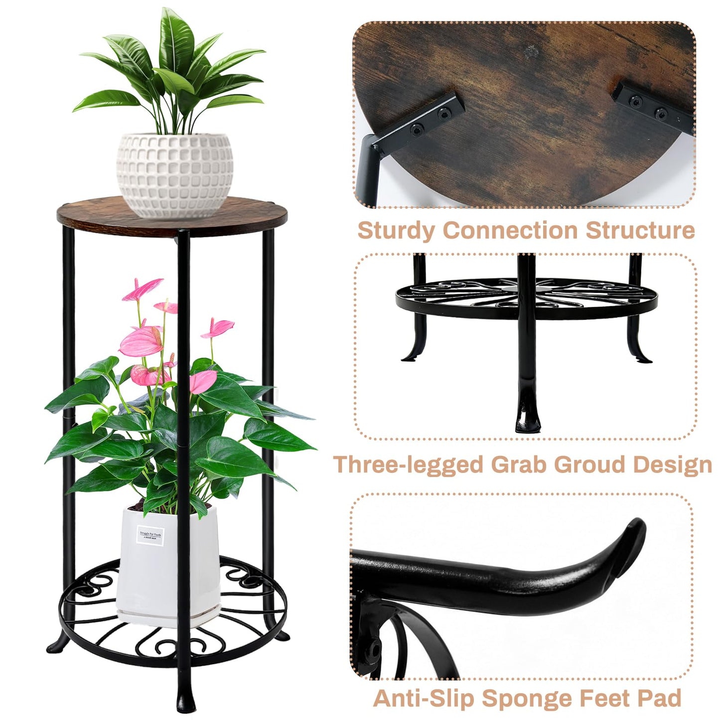 Uniqcovosa Plant Stand Indoor, 2 Tier Wood Round Potted Holder Rack, 27 " Tall Flower Pot Stand Shelf, Round Supports Plant Stand for Large Plants, Corner Plant Shelf for Balcony Garden Patio Living Room, Brown