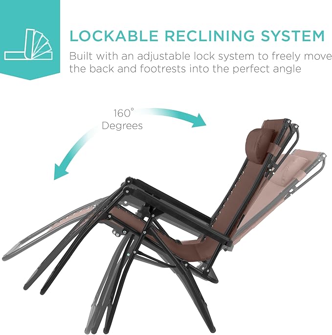 Best Choice Products 30” Wide Folding Zero Gravity Outdoor Recliner Patio Lounge Chair w/Adjustable Canopy Shade, Headrest, Side Accessory Tray - Brown
