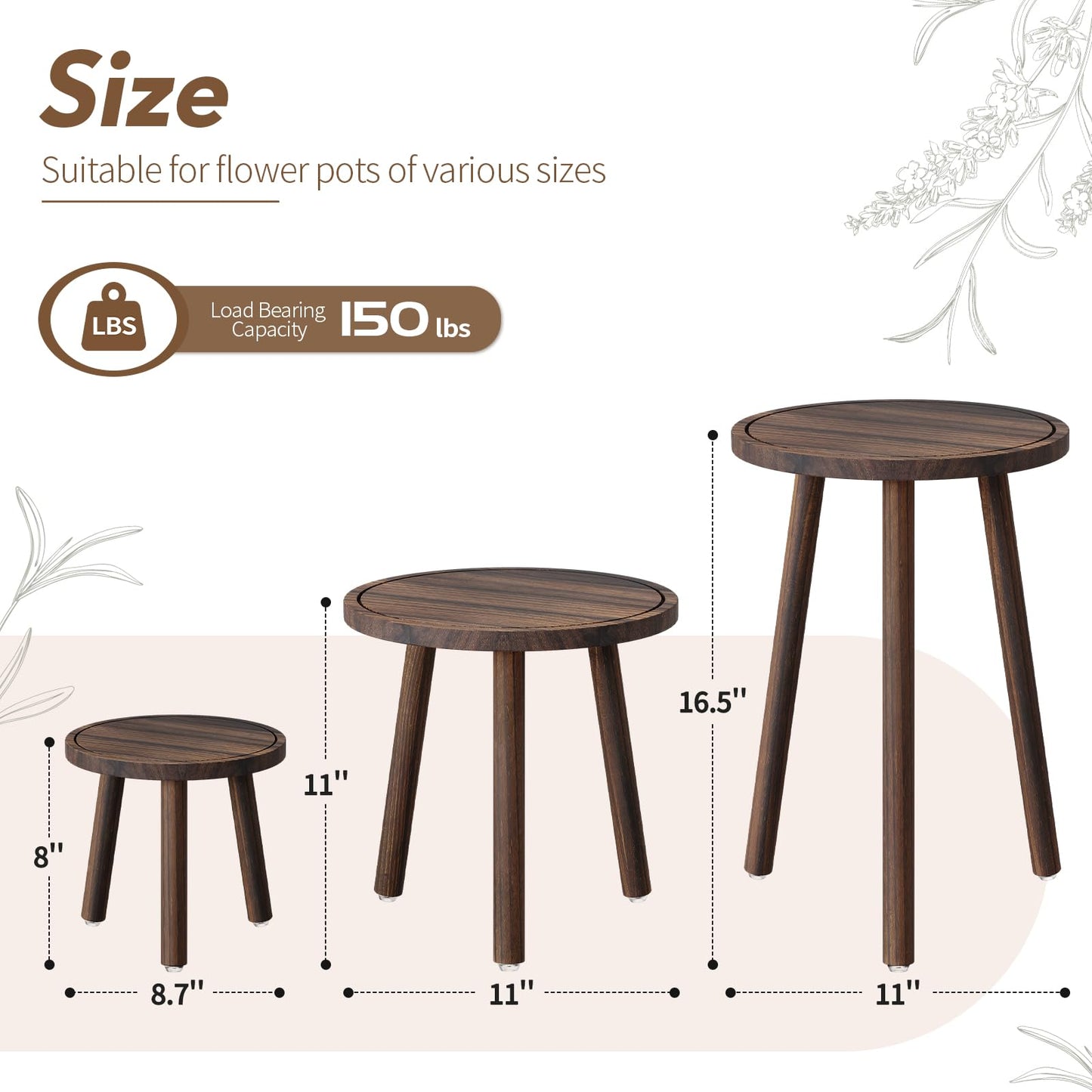 Uneedem Plant Stand Indoor - 3-Pack Taller Single Wood Plant Stand for 6-12 Inch Pots, Mid-Century Modern Plants Stool for Large Plants, Small Round Wooden Planter Table for Living Room, Balcony
