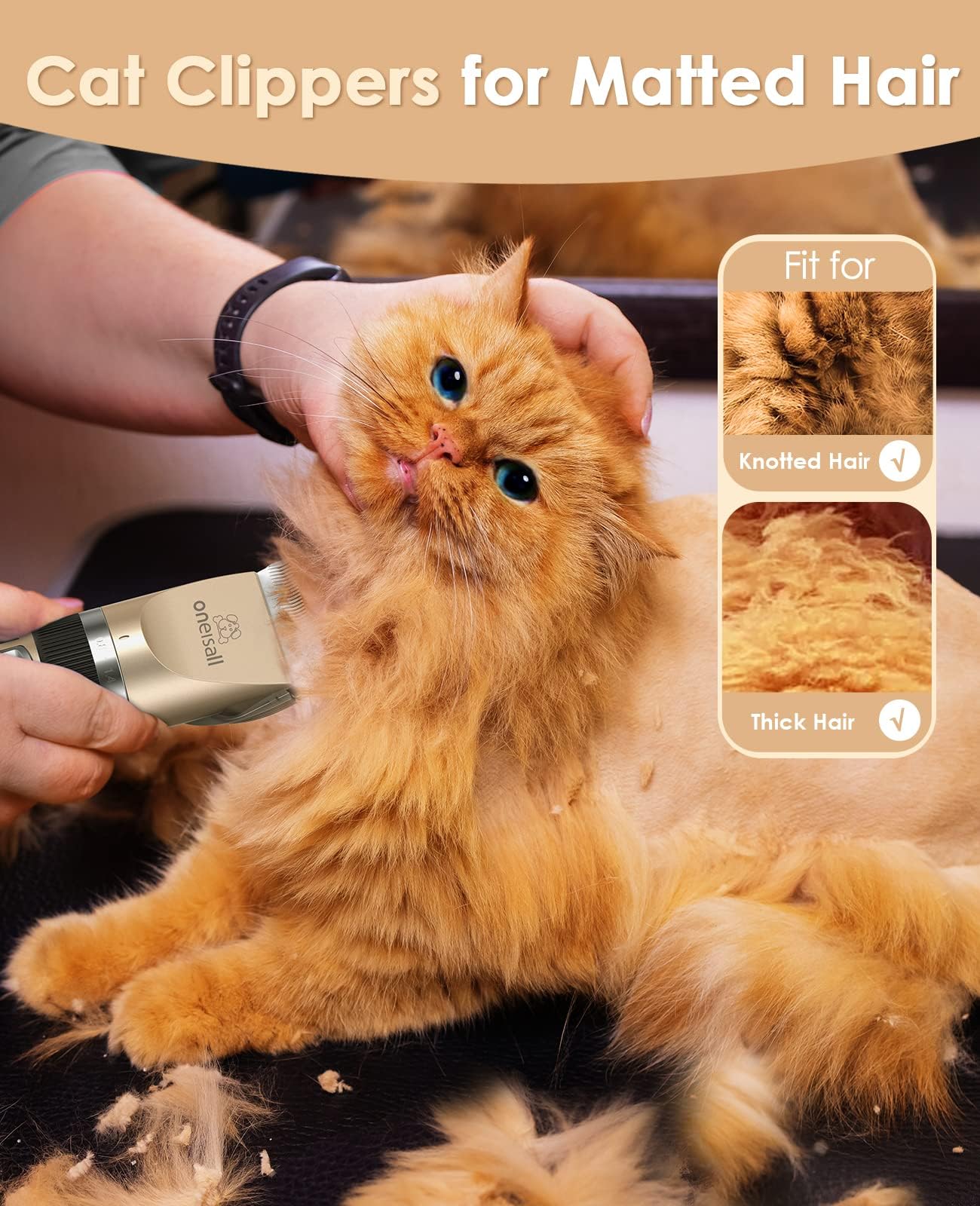 oneisall Quiet Cat Clippers for Matted Hair, 2-Speed Cordless Cat Grooming Kit Low Noise Pet Clipper Shaver for Dogs Cats Animals (Gold)