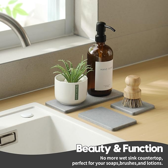 3PCS Bathroom Sink Vanity Trays, Quick Stone Drying Mat Dish Soap Dispenser