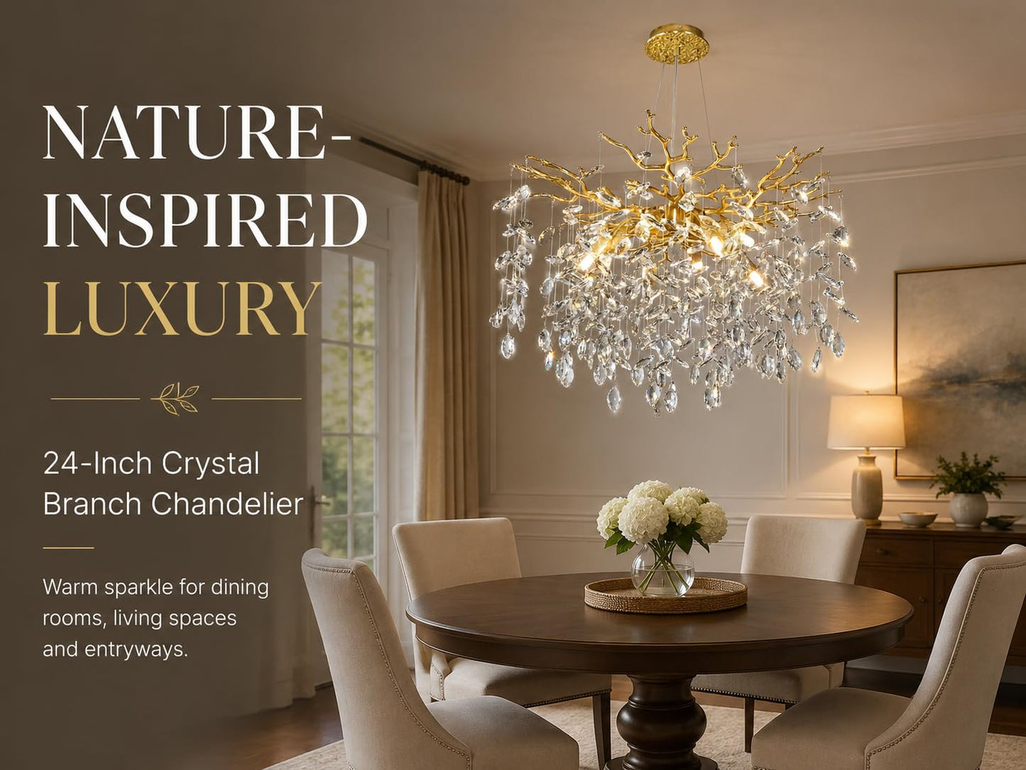 kvtinmty 24'' Modern Tree Branch Crystal Chandelier Luxury Gold K9 Crystal Chandelier 9-Light Crystals Pendant Chandeliers for Dining Room Living Room Bedroom Kitchen Entryway