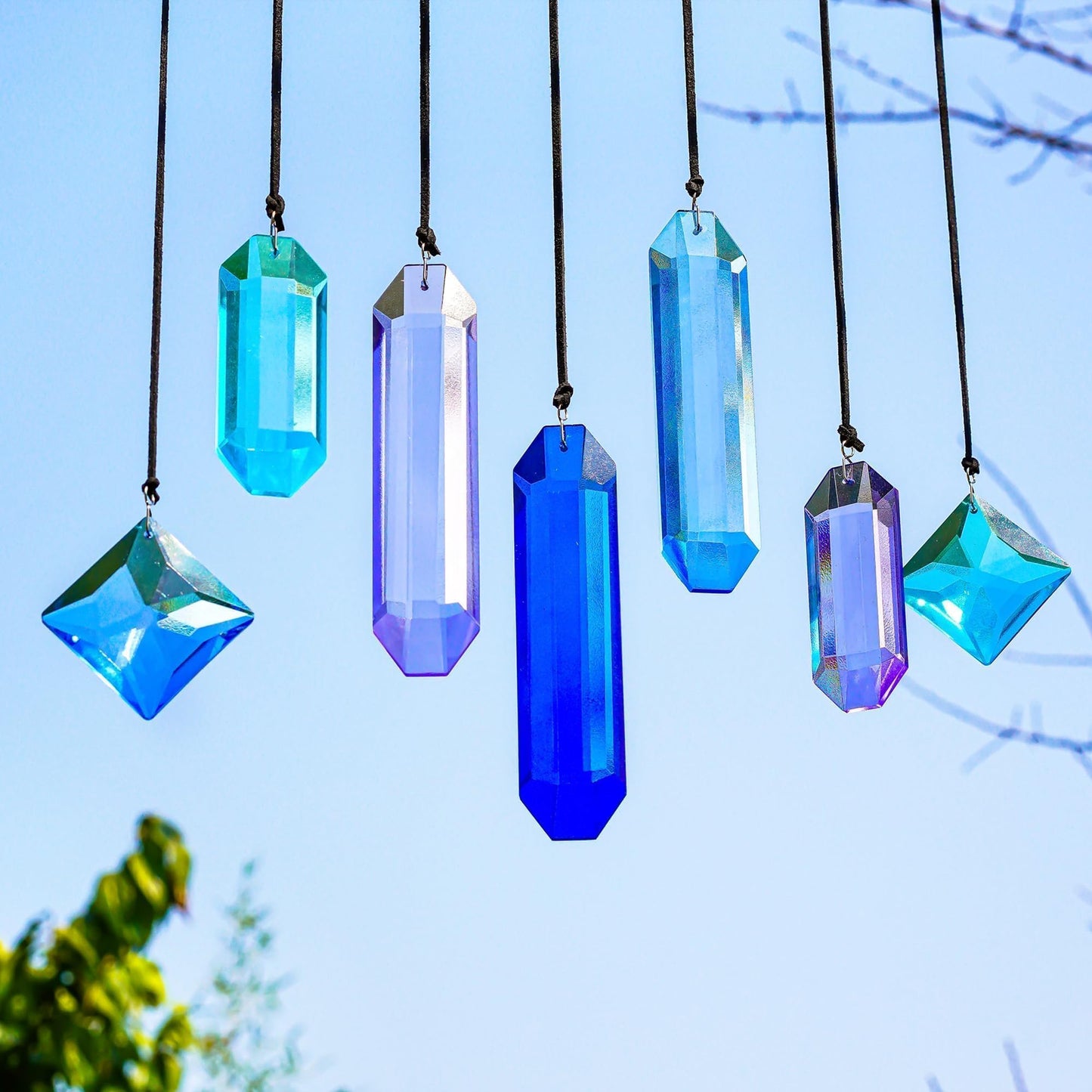 HDCRYSTALGIFTS Crystal Prisms Suncatchers for Window Hanging, 7PCS Blue Dreams Suncatcher Gift for Mom Women Rainbow Maker Sun Catcher Indoor Window Home Garden Christmas Tree Decor