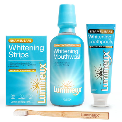 Lumineux Teeth Whitening Kit Peroxide Free for Whiter Teeth Includes 7 Whitening Treatments, 1 Mouthwash, 1 Toothpaste & 1 Bamboo Toothbrush, Dentist Formulated