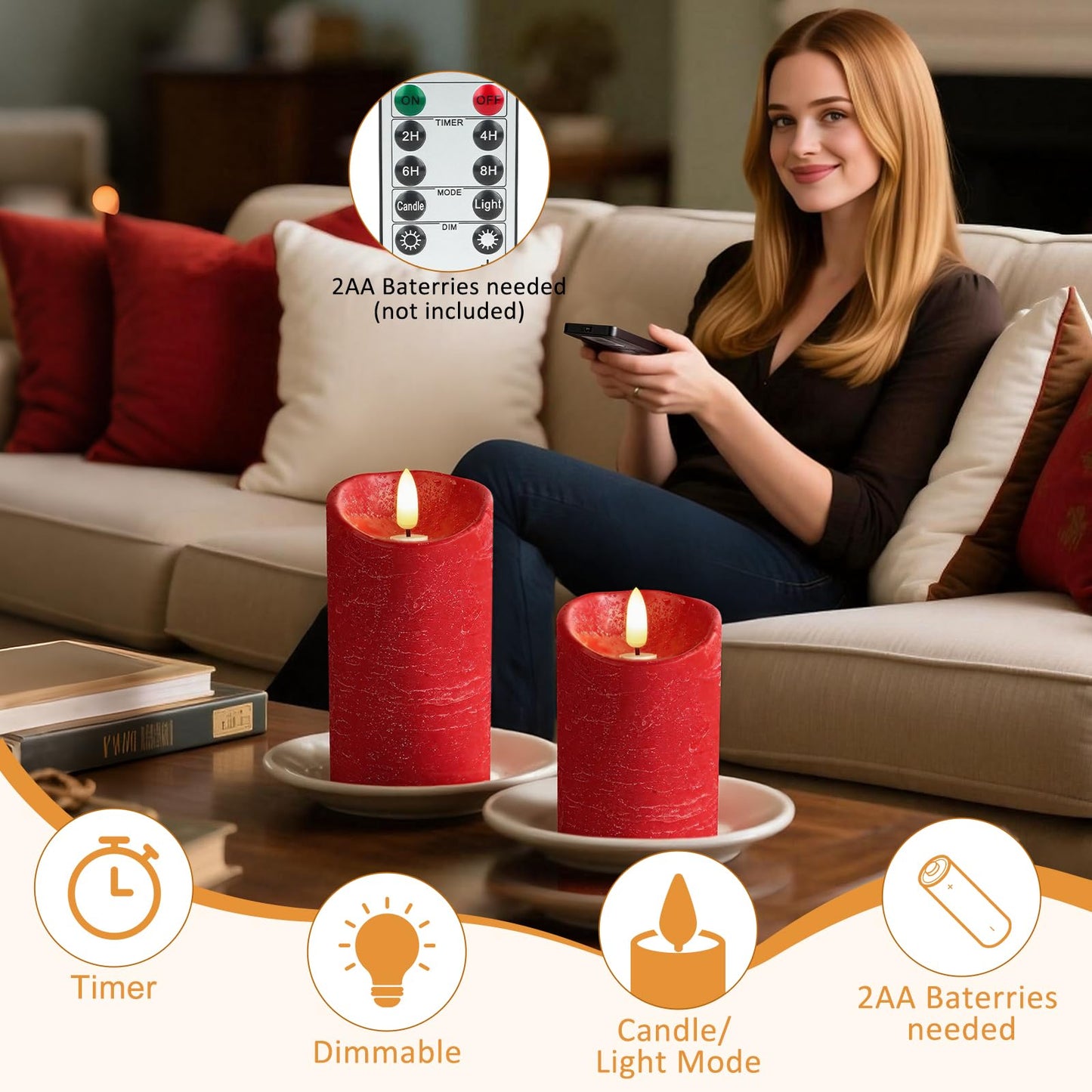 Flameless Candles, Battery Operated Led Lights Candle 3 Pack, Christmas Decorations Home Decor, Flickering Light White Pillar Candles with Real Wax Remote Control Timer. 3x3, 3x4, 3x5 inches, Red
