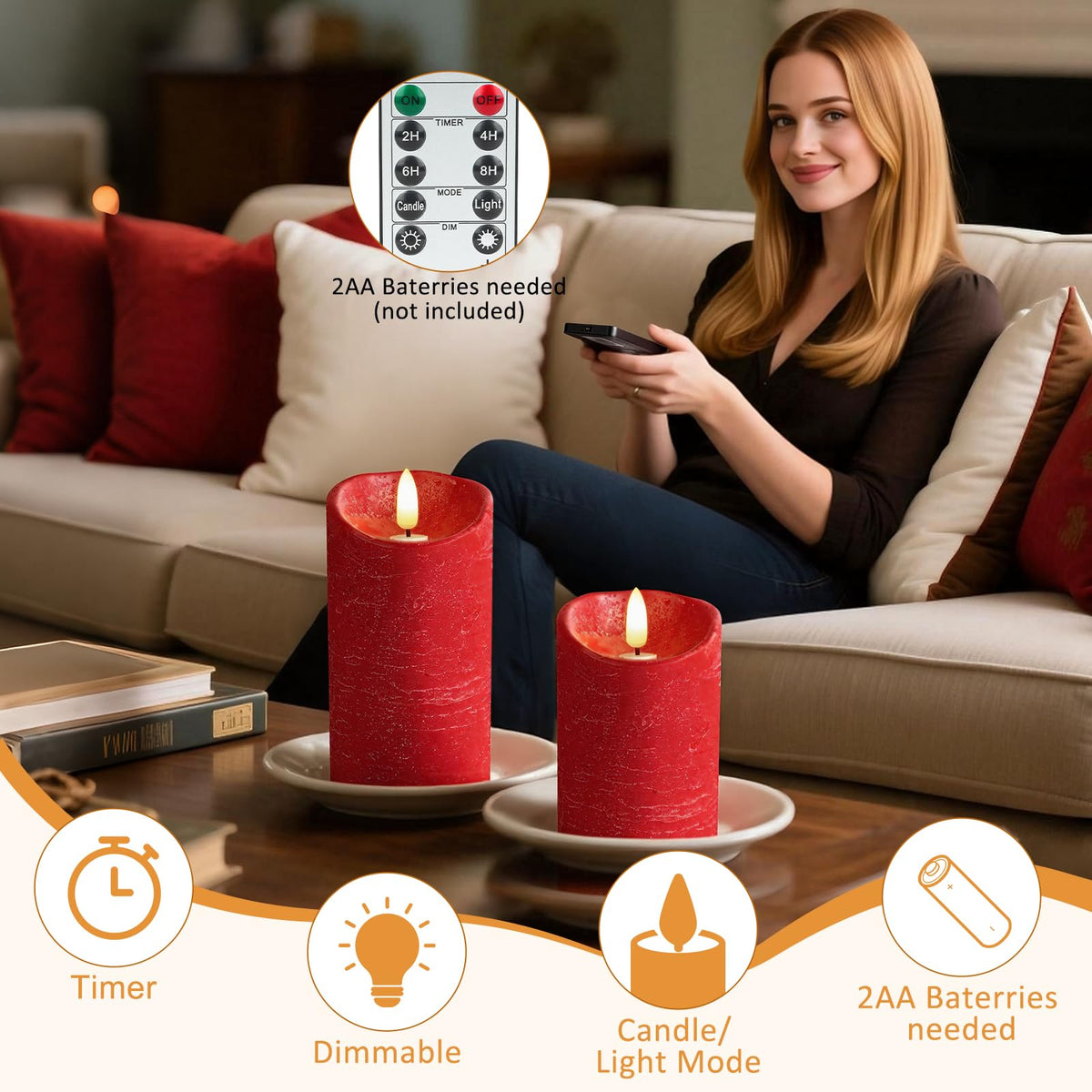 Flameless Candles, Battery Operated Led Lights Candle 3 Pack, Christmas Decorations Home Decor, Flickering Light White Pillar Candles with Real Wax Remote Control Timer. 3x3, 3x4, 3x5 inches, Red