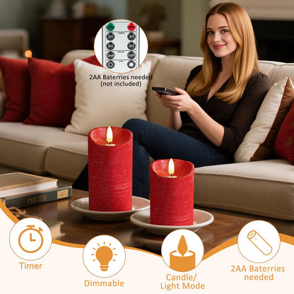 Flameless Candles, Battery Operated Led Lights Candle 3 Pack, Christmas Decorations Home Decor, Flickering Light White Pillar Candles with Real Wax Remote Control Timer. 3x3, 3x4, 3x5 inches, Red
