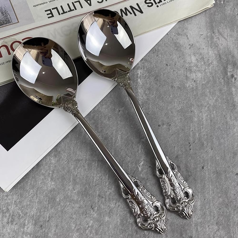 Siaiqiang Gorgeous Large Round Soup Spoons,18/10 Stainless Steel Fine Embossed Texture Soup Spoons Set,Table Spoon Silverware,Bouillon Spoons,Silver (4 pack)