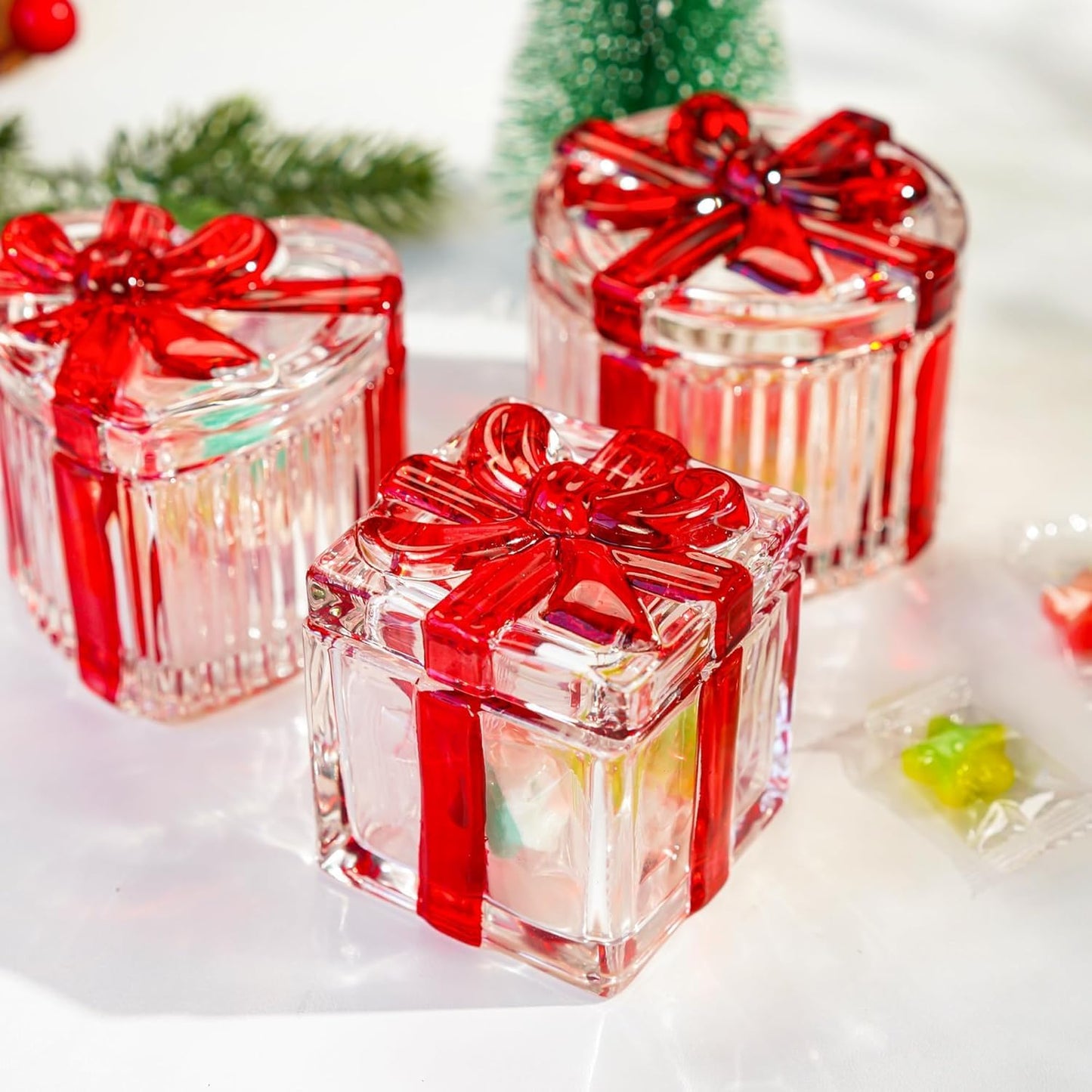 kanpura 2 Pcs Christmas Candy Jar with Lid 2.6" Red Square Crystal Candy Dishes for Xmas Peppermint Party