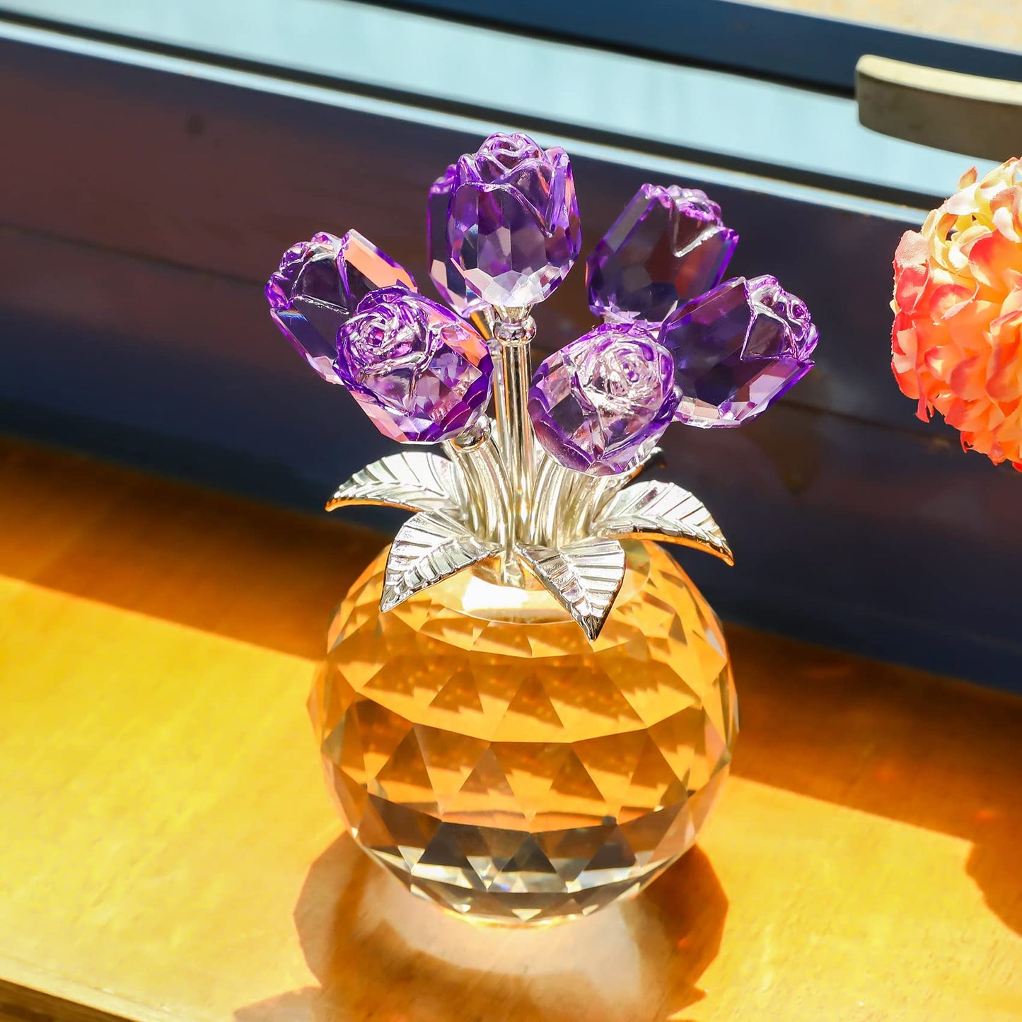 Purple Rose Flower Crystal Figurine with Vase, Bouquet Flowers Ornament Gifts for Wife Girlfriend Women , Handmade Crystal Flower Collectible Home Table Decor for Valentine's Day Wedding Anniversary