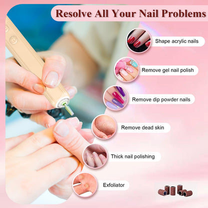 Professional Nail Drill Set, 2,0000 RPM Electric Nail File with 12 Grinding Head & 100Pcs Sanding Bands for Acrylic Gel Nails, Manicure and Polishing (Beige)