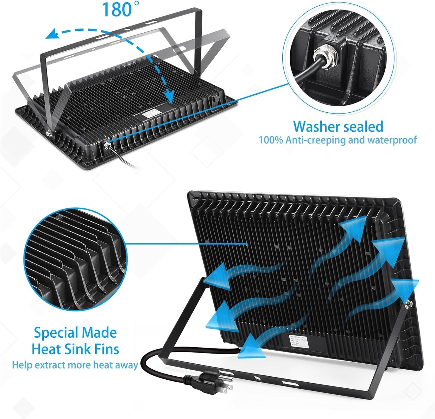 YANYCN 2 Pack 500W LED Flood Light Outdoor,2750W Equivalent Super Bright FloodLight with Plug,58600LM 5000K Daylight White IP66 Waterproof Commercial Lighting for Sports Fields,Counts,Arena,Stadium