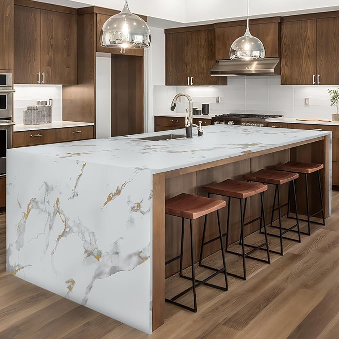 practicalWs Glossy Marble Wallpaper Peel and Stick White/Gold Granite Contact