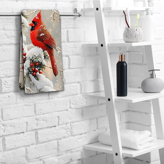 Red Birds Hand Towels Decorative Berry Branch Winter Kitchen Towels Soft