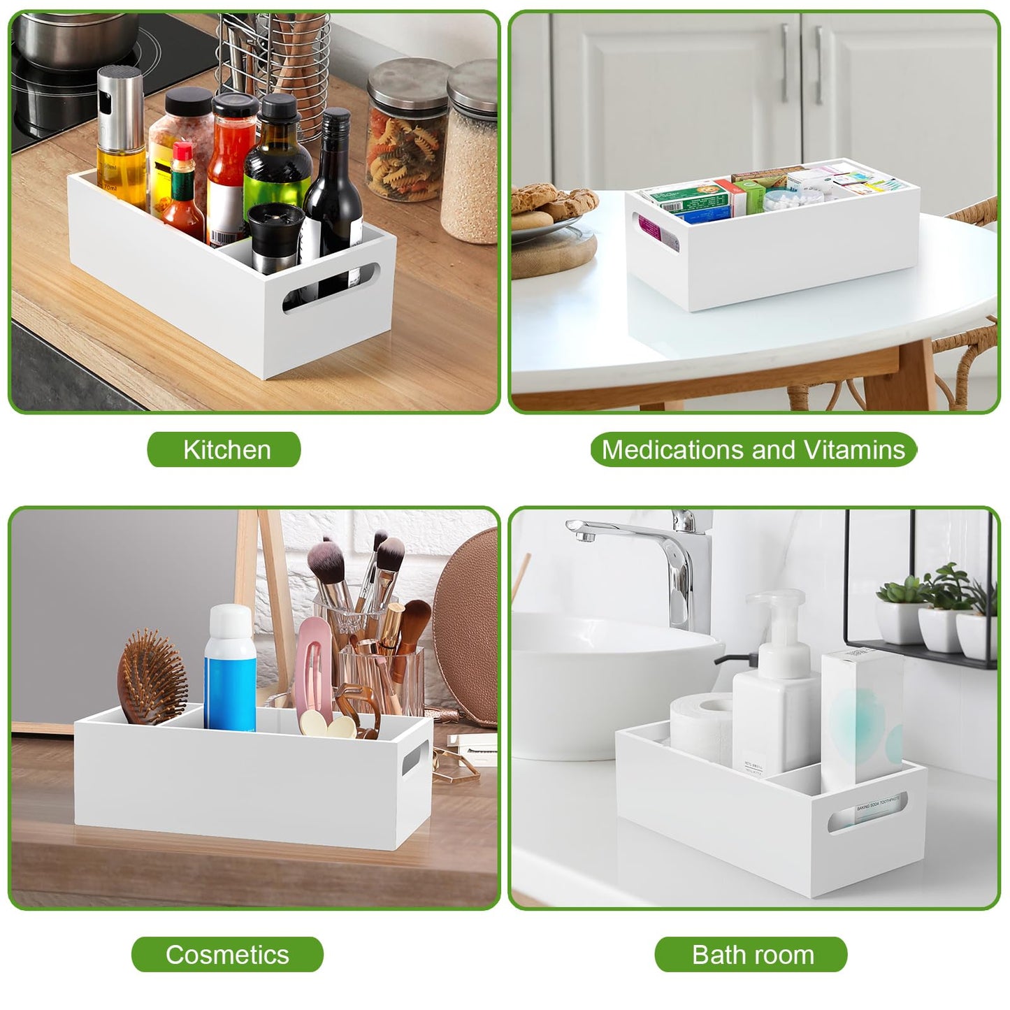 DRASTAR Pantry Organization and Storage Bins, Seasoning Packet Organizer with Removable Dividers,Wooden Storage Caddy for Kitchen, Pantry, Cabinet, Countertop, White