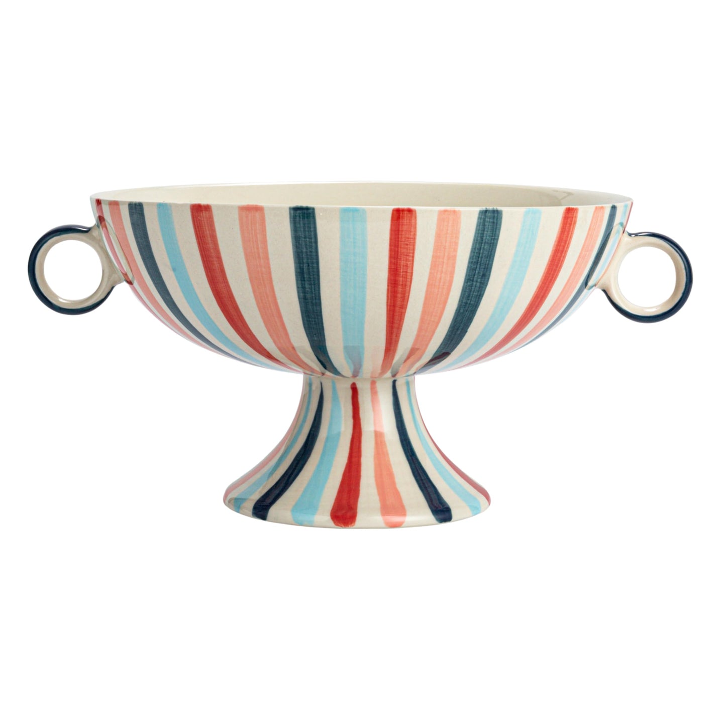Creative Co-Op Hand-Painted Stoneware Footed Bowl with Handles and Stripes, Multicolor