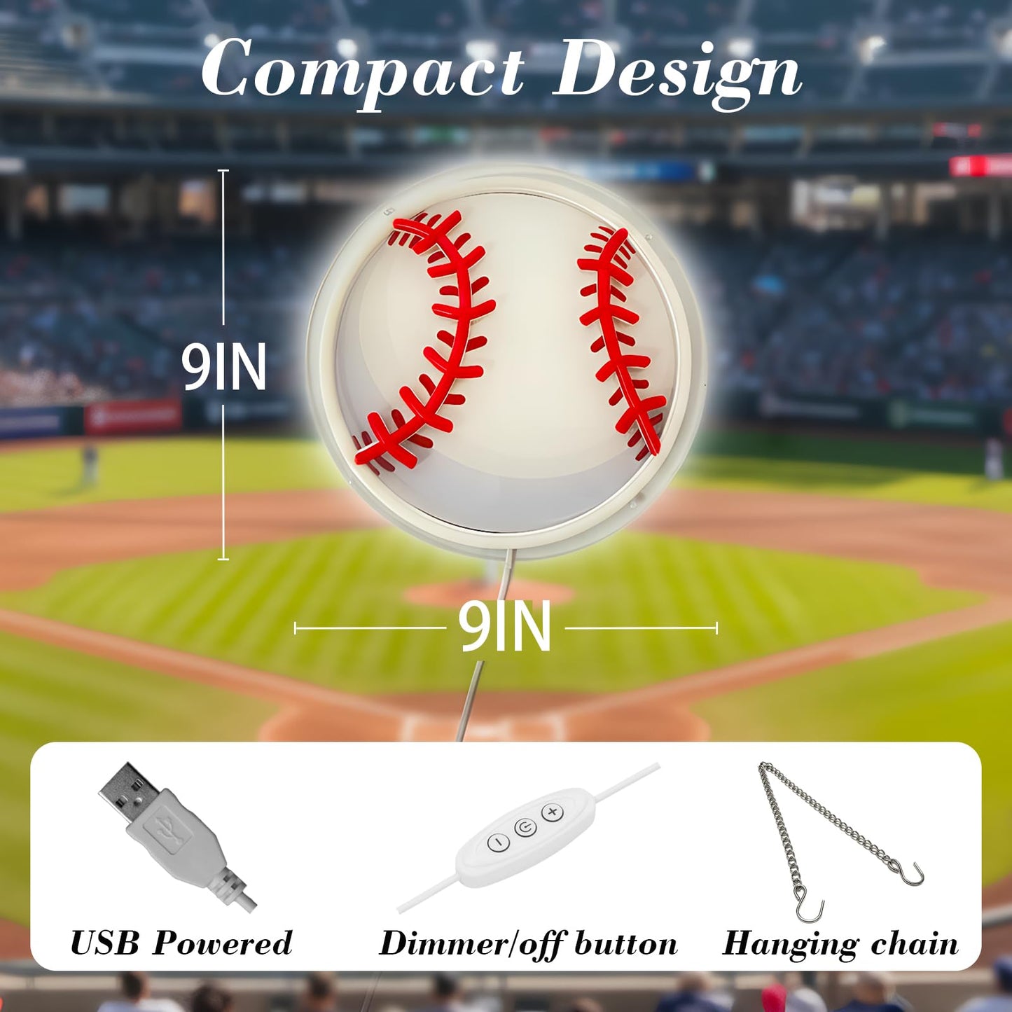Baseball Gifts for Boys 8-12, Baseball Neon Sign for Wall Decor, Dimmable LED Light with Printed Design for Bedroom Sports Room Decor, 9 x 9 Inches
