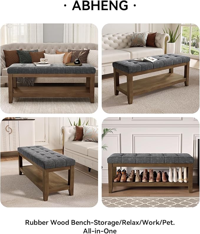 ABHENG Solid Rubber Wood Shoe Bench, Soft Chenille Material Upholstered Seat