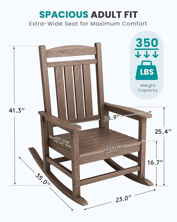 SERWALL HDPE Outdoor Rocking Chair for Adults, Heavy Duty Patio Rocking Chair, All-Weather Oversized Porch Rocker, Brown