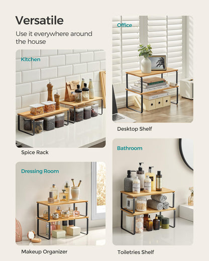 SONGMICS Cabinet Organizer Shelf, Set of 4 Kitchen Counter Shelves, Kitchen Storage, Spice Rack, Stackable, Expandable, Metal and Engineered Wood, Cloud White and Natural Beige UKCS010N01