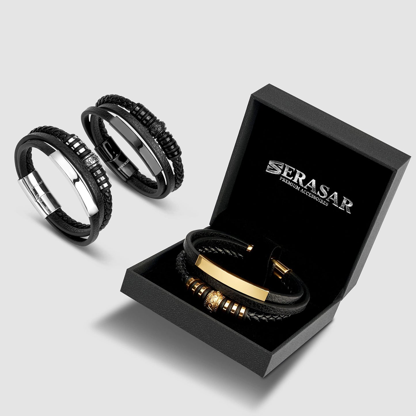SERASAR Mens Silver Bracelets 17cm Bracelet Men Gift Box Genuine Leather Cowhide Braided Magnetic Clasp Multi Layer Wrap Rope Man Mans Male Band Jewelry Magnet Accessories