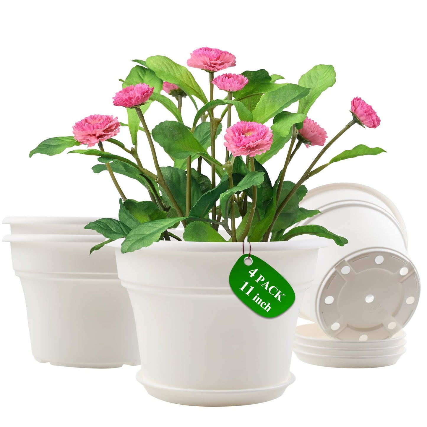 Pottiffe 11 Inch Plastic-Flower-Pot-for-Indoor-Plants, 4 Pack Large Outdoor Planter Pot with Drainage Holes & Saucers, Resin Decorative Garden Pots Planters