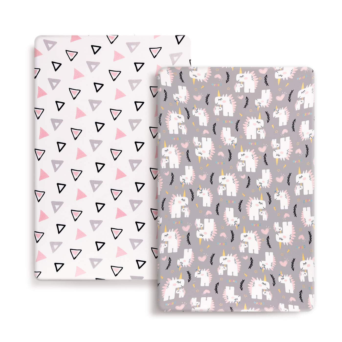 Stretchy Ultra Soft Jersey Knit Fitted Pack n Play Playard Sheets Set 2 Pack, Fits Portable/Mini Cribs Sheets, Playards Mattress Pads, Pink Simple Triangle/Dream Unicorn for Girls