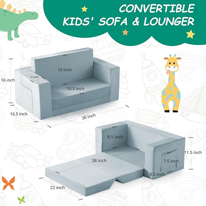 Kids Couch, 2-in-1 Toddler Chair Comfy 1-3 Years, Convertible Kids Chair