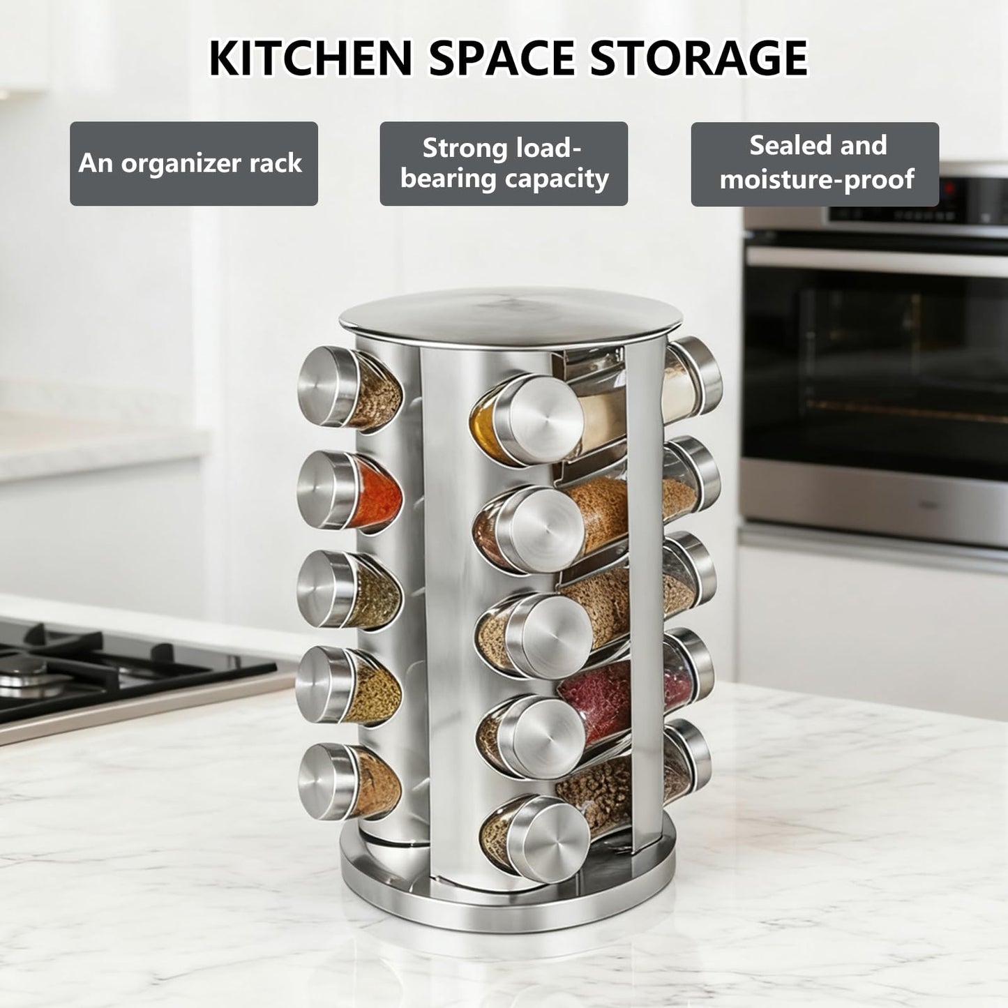 Wintline 20-Jar Revolving Spice Rack, Stainless Steel Seasoning Organizer for Cabinet or Countertop, with Black Caps
