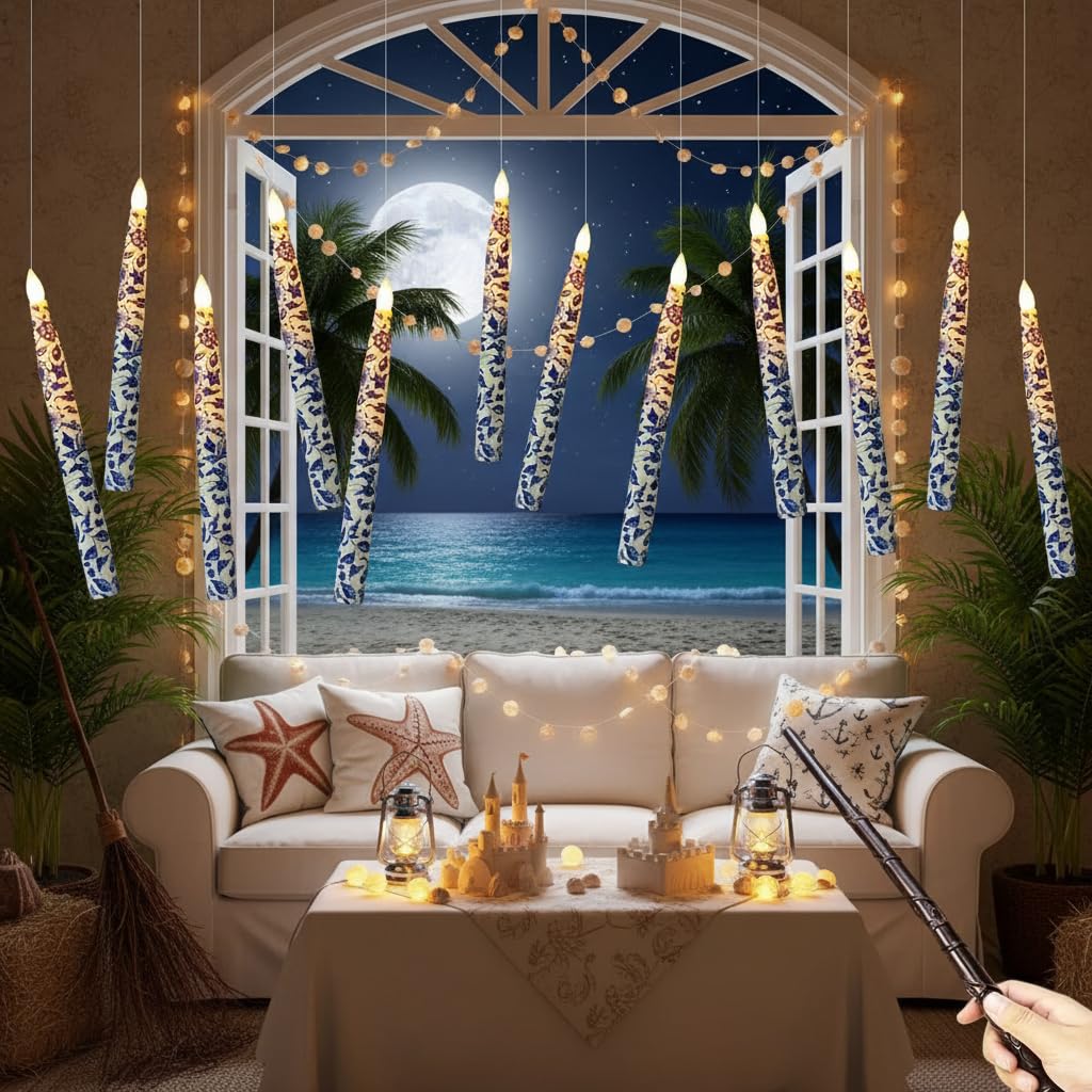Blue and White Flameless Taper Candle 12 Pack Floral LED Magic Hanging Candle Battery Operated Floating Candles Floating Candles with Wand Remote Timer for Mother's Day Home Wedding Garden Party Decor